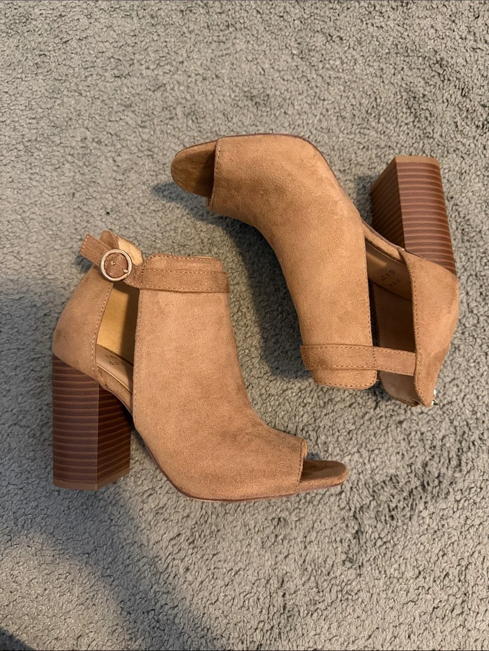 Suede Peep-Toe Block Heel Booties - Tan